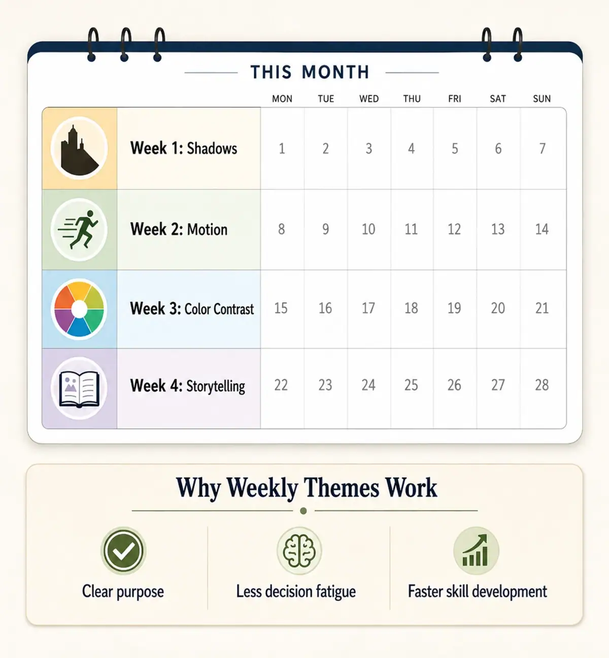 Infographic showing a monthly photography practice calendar with four weekly themes: Shadows, Motion, Color Contrast, and Storytelling, plus a section explaining why weekly themes work.