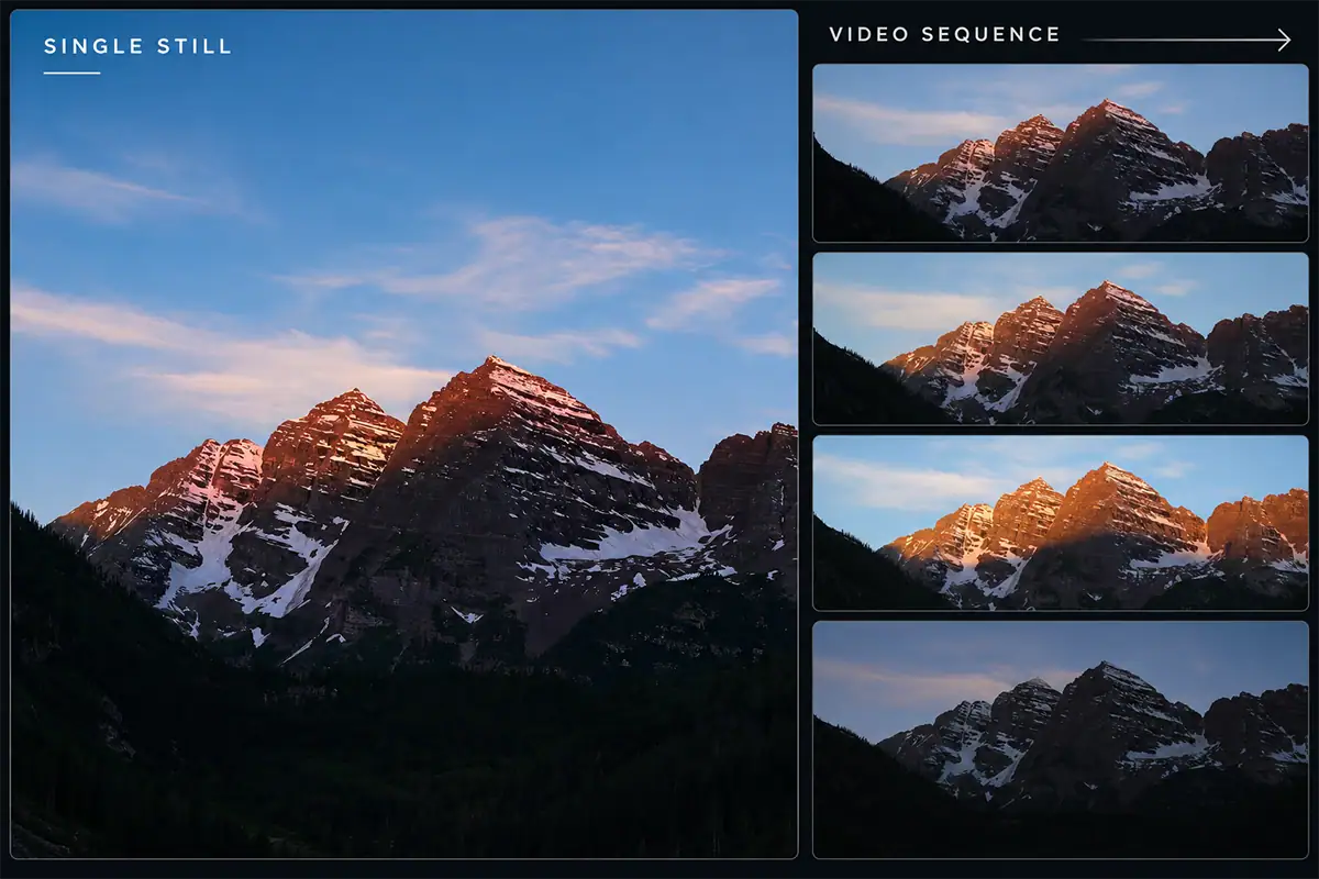 Graphique comparatif présentant une photographie unique d'une montagne à côté d'une séquence d'images vidéo illustrant l'évolution de la lumière au fil du temps.