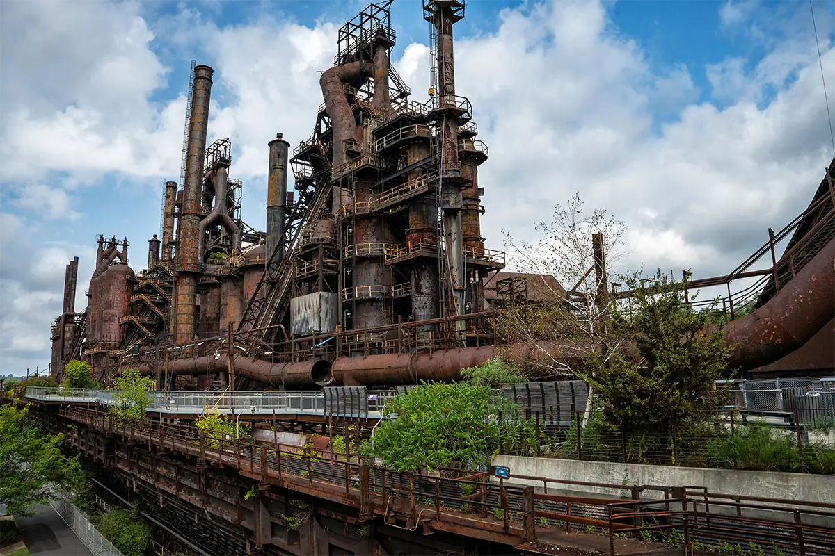 Wide view of the historic Bethlehem SteelStacks and surrounding industrial structures in Bethlehem, Pennsylvania.