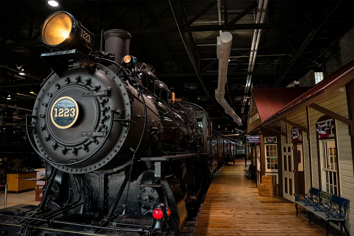 Historic steam locomotive displayed inside the Railroad Museum of Pennsylvania in Strasburg, Pennsylvania.