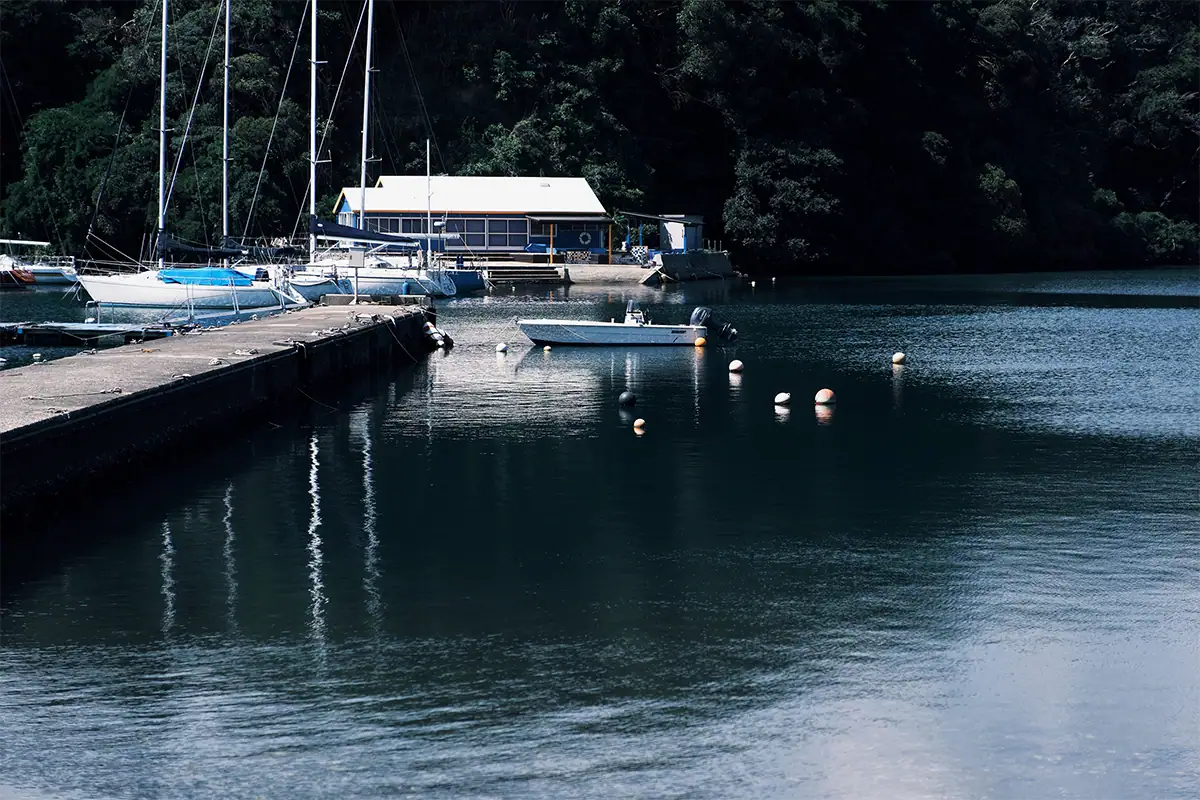 Quiet fishing port with moored sailboats, a small motorboat, floating buoys, and rippling water.