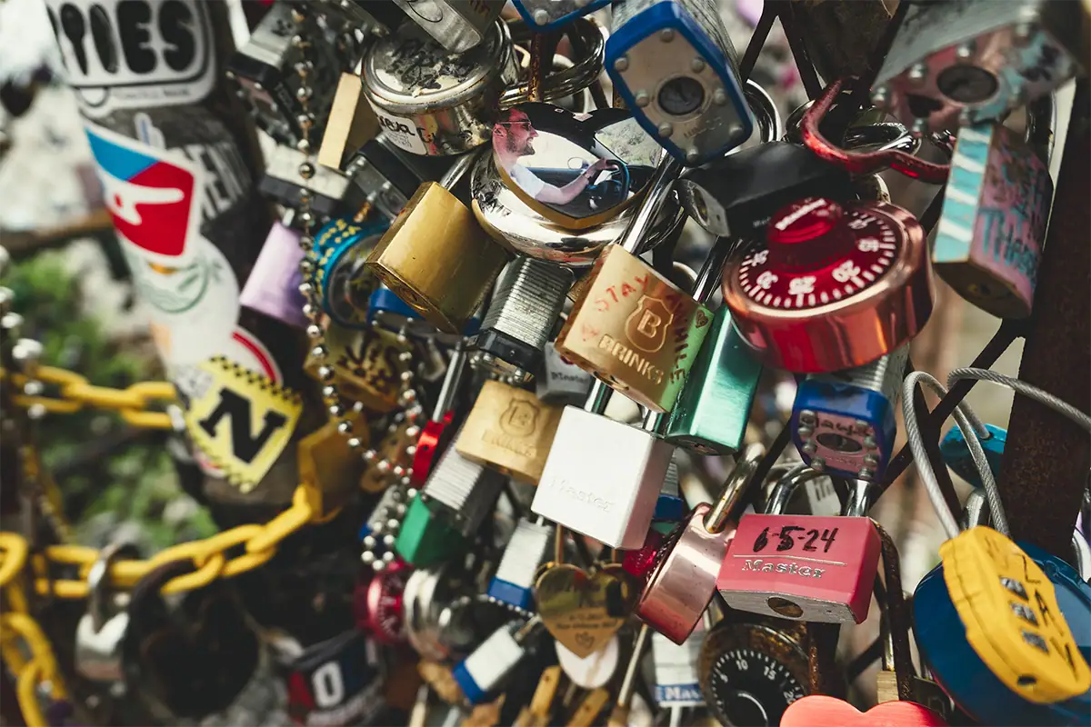 Colorful collection of padlocks photographed at close range with the Tamron 16-50mm F2.8 at 16mm.