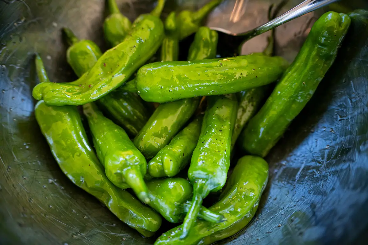 Close-up of glossy green peppers piled in a metal bowl at a Vermont farmers market.