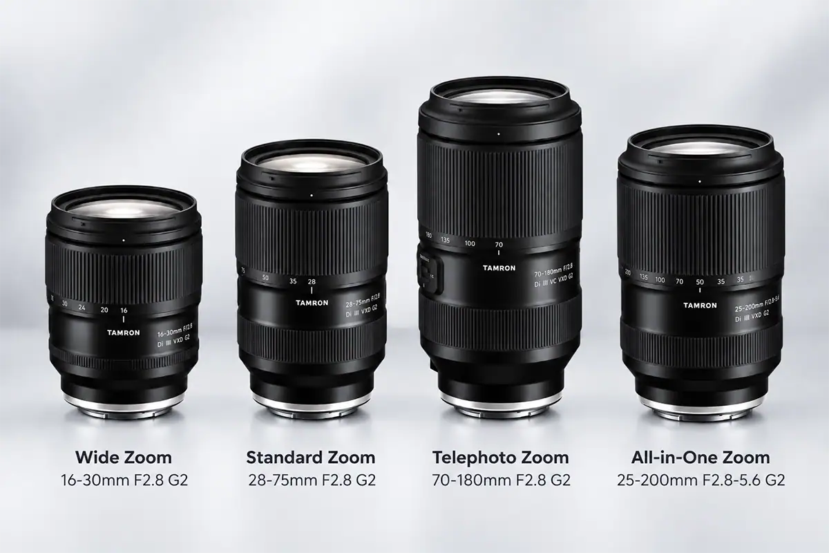 Tableau comparatif présentant quatre types d'objectifs Tamron G2 destinés à la vidéo : le zoom grand angle 16-30 mm F2.8 G2, le zoom standard 28-75 mm F2.8 G2, zoom téléobjectif 70-180 mm F2,8 G2 et zoom polyvalent 25-200 mm F2,8-5,6 G2.