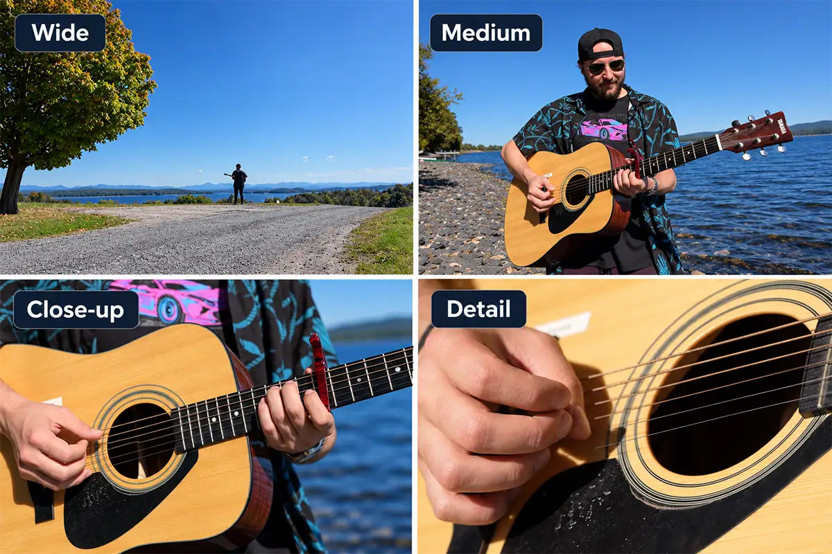 Séquence vidéo en quatre plans montrant respectivement un plan large, un plan moyen, un gros plan et un plan de détail d'un guitariste jouant au bord d'un lac.