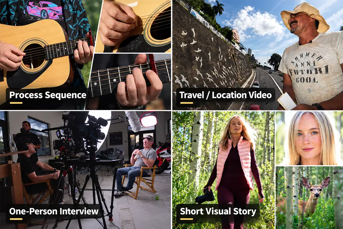 Montage vidéo en quatre parties présentant une séquence illustrant le processus de création d'une chanson à la guitare, une vidéo de voyage, une interview en solo et un court récit visuel se déroulant dans une forêt.