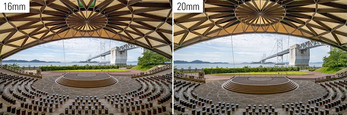 Side-by-side comparison of the same outdoor architectural scene photographed at 16mm on the left and 20mm on the right, showing the wider field of view of the Tamron 16-30mm F2.8 G2 compared with the Tamron 20-40mm F2.8.