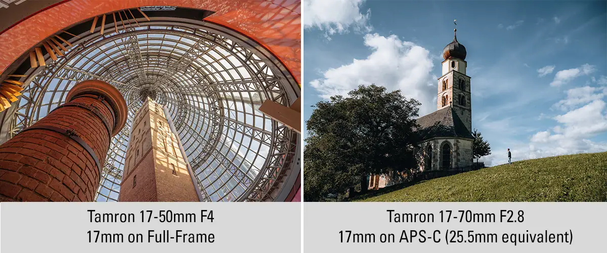Side-by-side architectural photographs taken at 17mm with the Tamron 17-50mm F4 on a full-frame camera and the Tamron 17-70mm F2.8 on an APS-C camera, illustrating differences in sensor format and field of view.