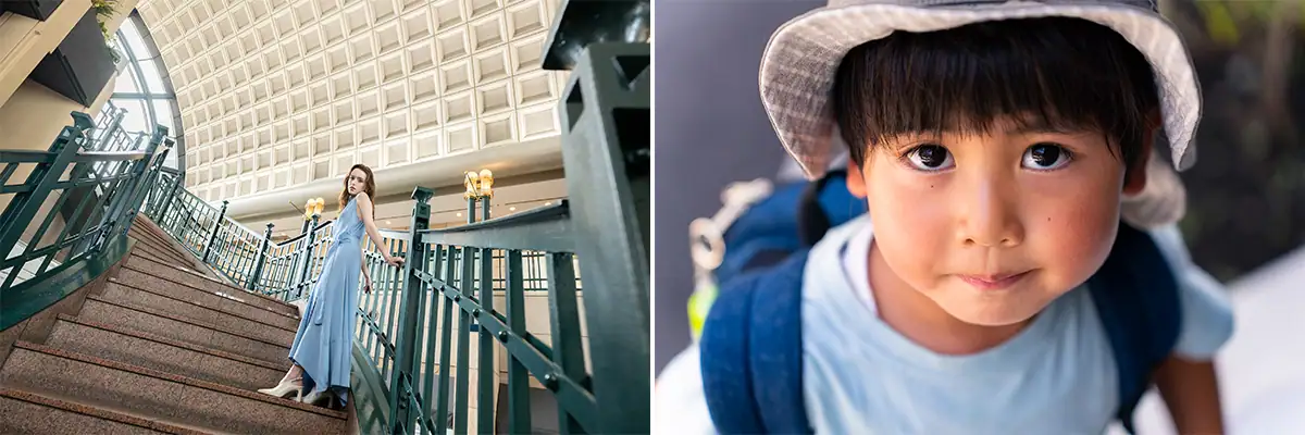 Side-by-side comparison showing a wide environmental photo captured at 20mm on the left and a tighter portrait captured at 75mm on the right, illustrating the difference between the Tamron 20-40mm F2.8 and 28-75mm F2.8 G2.