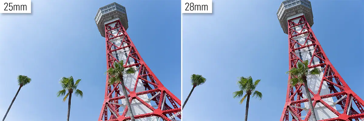 Comparação lado a lado da mesma cena arquitetônica fotografada em 25 mm e 28 mm a partir da mesma posição, mostrando o campo de visão mais amplo em 25 mm.