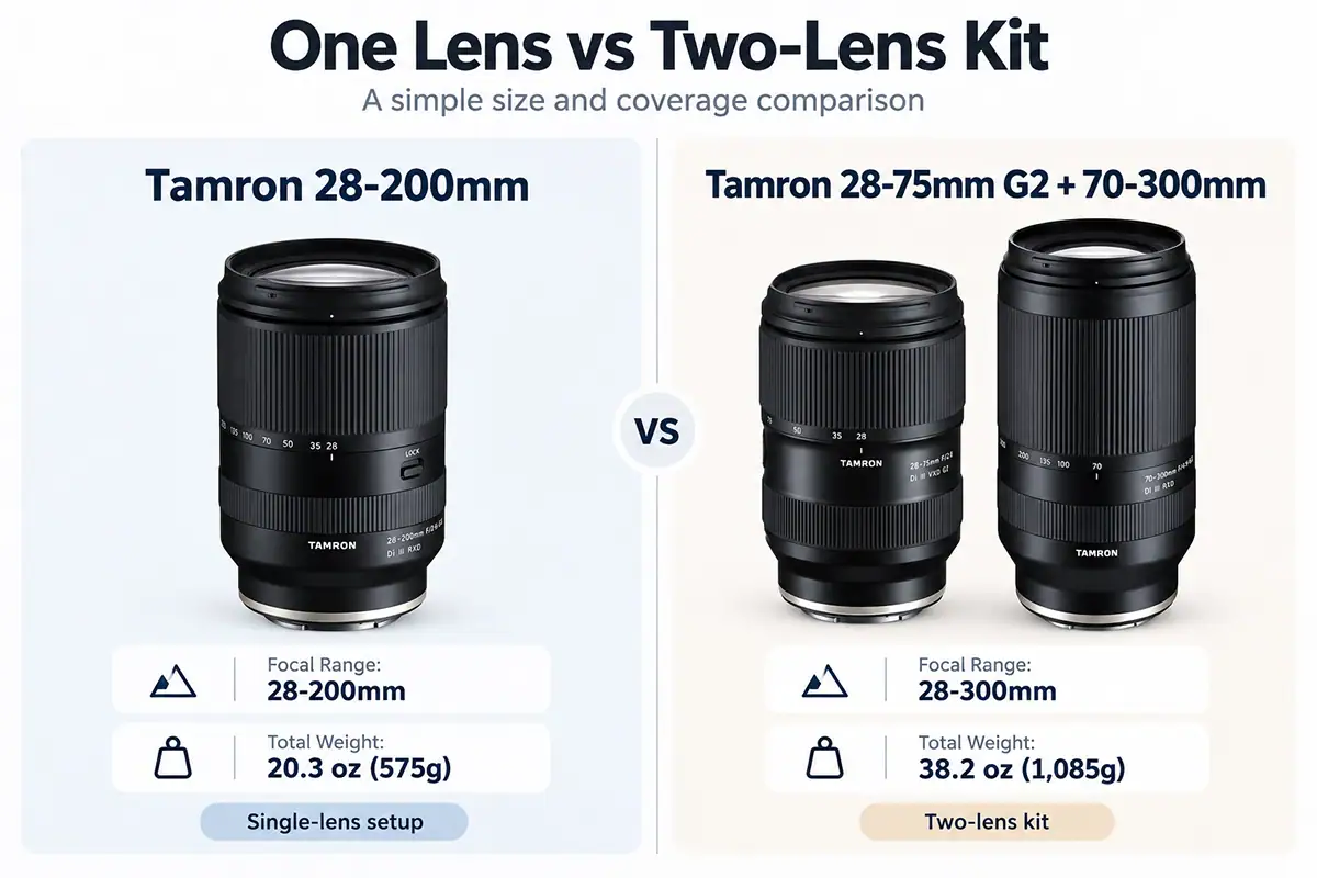 Side-by-side comparison of the Tamron 28-200mm all-in-one zoom lens and a dedicated two-lens kit featuring the 28-75mm F2.8 G2 and 70-300mm, showing focal ranges and total weights.