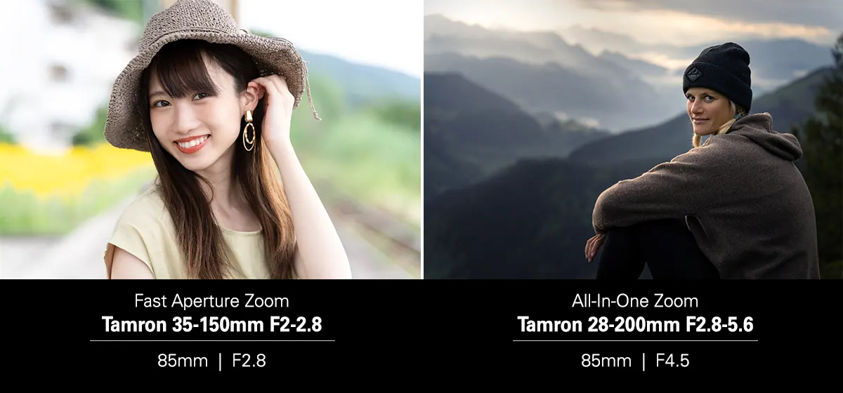 Two-panel portrait comparison showing the Tamron 35-150mm at 85mm F2.8 and the Tamron 28-200mm at 85mm F4.5, illustrating differences in background separation at similar focal lengths.
