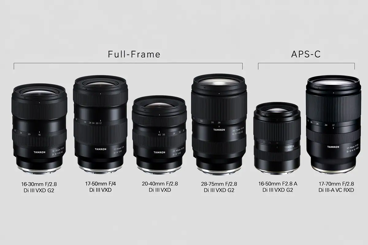 Comparison of six Tamron wide and standard zoom lenses, featuring four full-frame models&mdash;16-30mm G2, 17-50mm F4, 20-40mm F2.8, and 28-75mm G2&mdash;and two APS-C models&mdash;16-50mm F2.8 A and 17-70mm F2.8 VC.