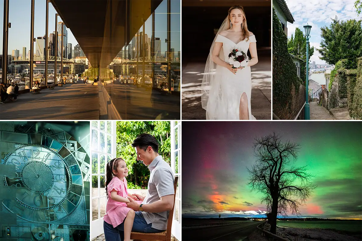 Six-photo collage illustrating Tamron wide and standard zoom photography, featuring urban architecture, a bridal portrait, a narrow city stairway, a spiral clock, a father and daughter portrait, and a colorful aurora night landscape.